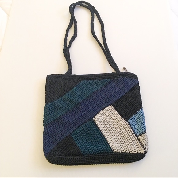 Blue & Black Color Block Crochet Sling Bag - Picture 3 of 6